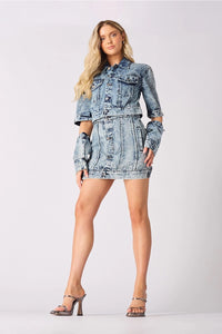3-in-1 Denim Dress Detachable Sleeve Jacket & Skirt - Blue