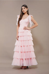 Pink Tulle Maxi Dress with tie detail
