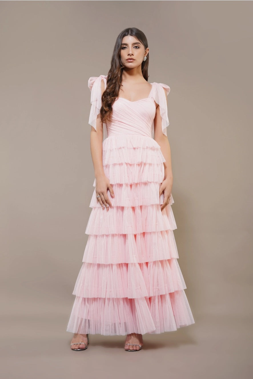 Pink Tulle Maxi Dress with tie detail