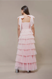 Pink Tulle Maxi Dress with tie detail