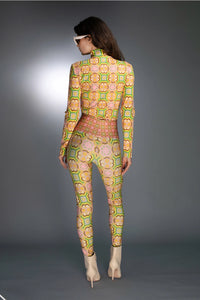 Turtleneck Long Sleeve 60's Pastel Pink Retro Print Bodysuit