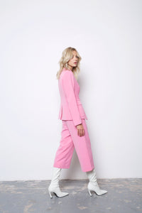 Pink wide leg cropped pants.