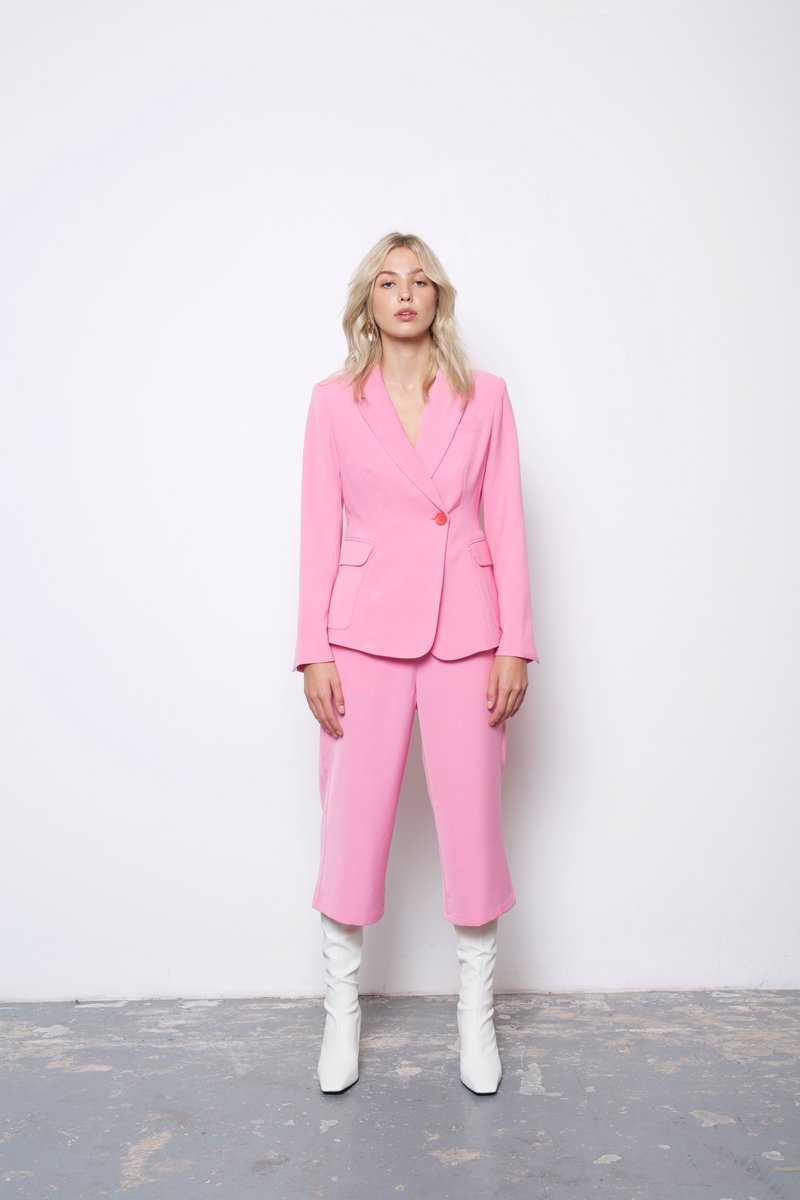 Pink wide leg cropped pants.
