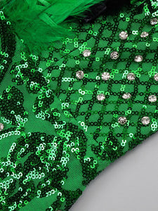 Green Feather Embellished Sequin Dress