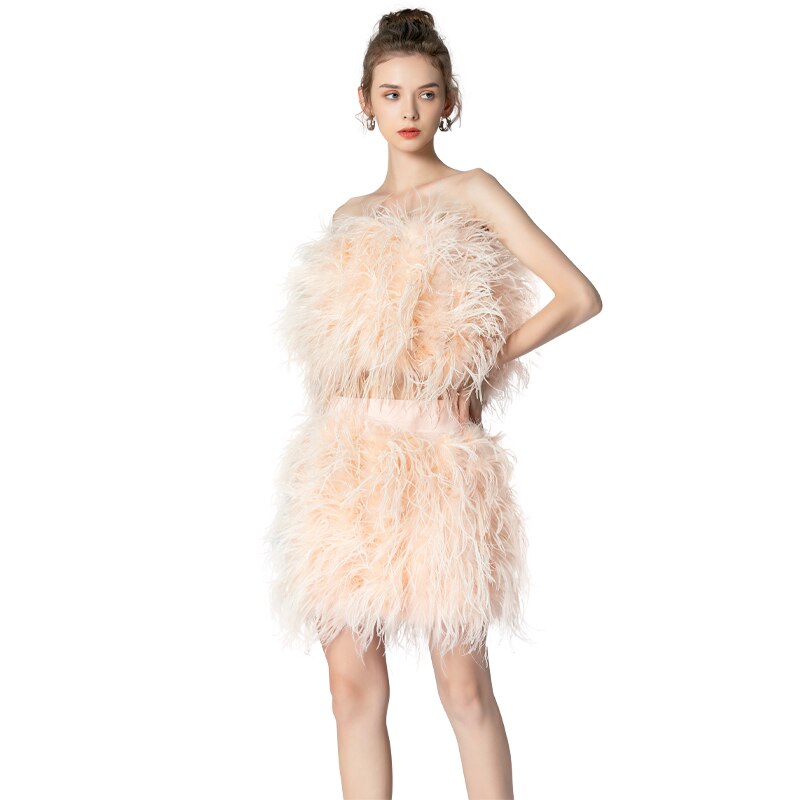 Ostrich Feather Mini Skirt and cropped Top Set