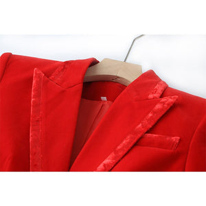 HarleyFashion Women Red Velvet Track Suit Quality Blazer and Pants for Lady Office 2 Pieces Sets Luxury Design