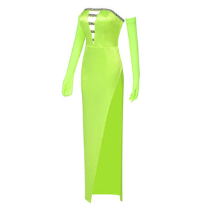 Green Crystal Encrusted Evening Dress with Sleeves