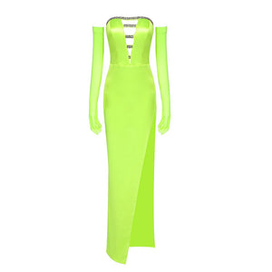 Green Crystal Encrusted Evening Dress with Sleeves