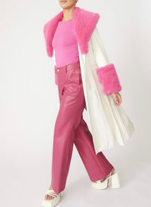Fur Trim Flux leather Trench with Tie Waist