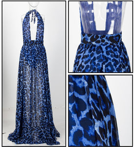 Blue Leopard Print Chiffon Maxi Dress