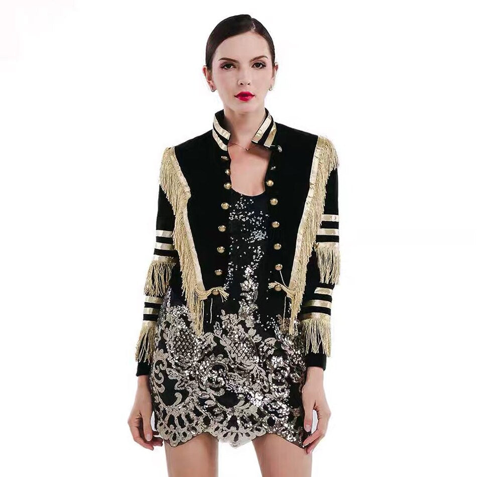 Cropped Black Velvet Blazer with Golden Tassels